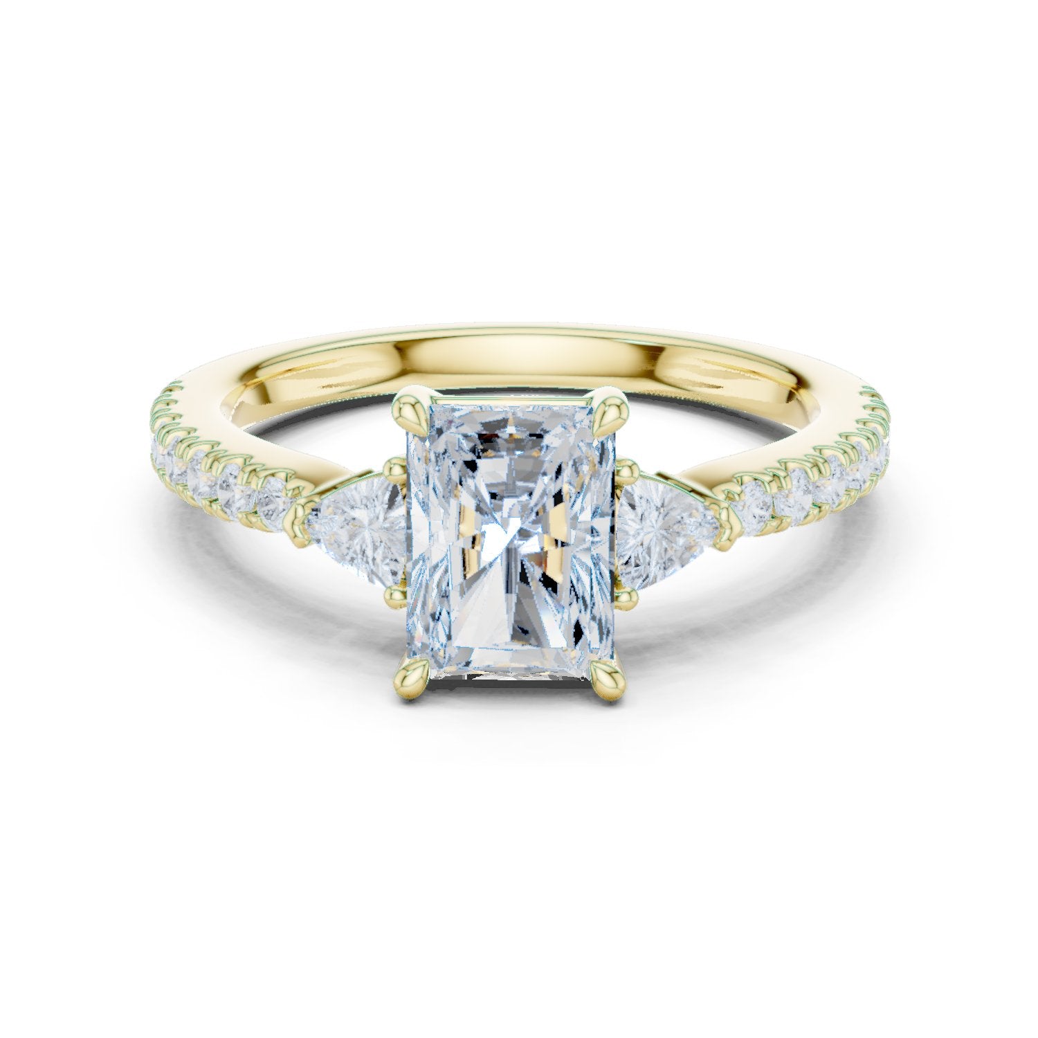Radiant Cut Three Stone Engagement Ring with Trilliant Sides and Pavé Band