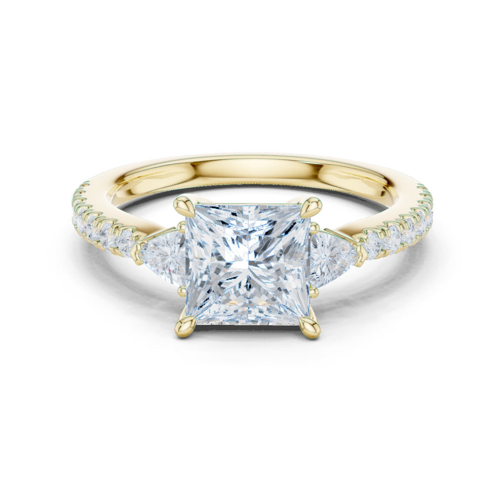 Princess Cut Engagement Ring with Trilliant Side Accents and Pavé Band
