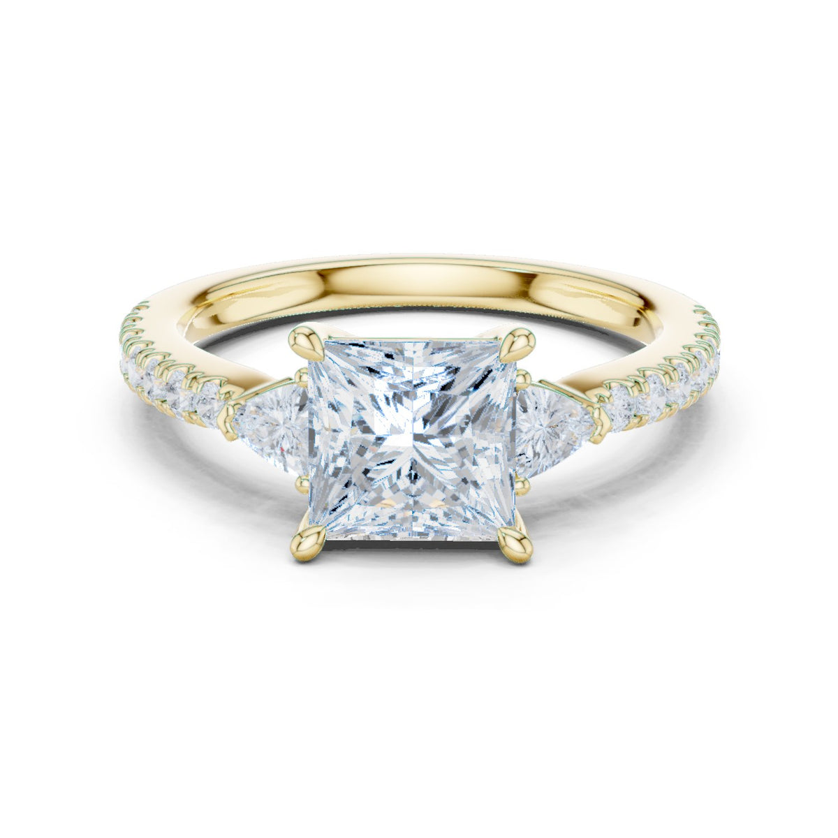 Princess Cut Engagement Ring with Trilliant Side Accents and Pavé Band