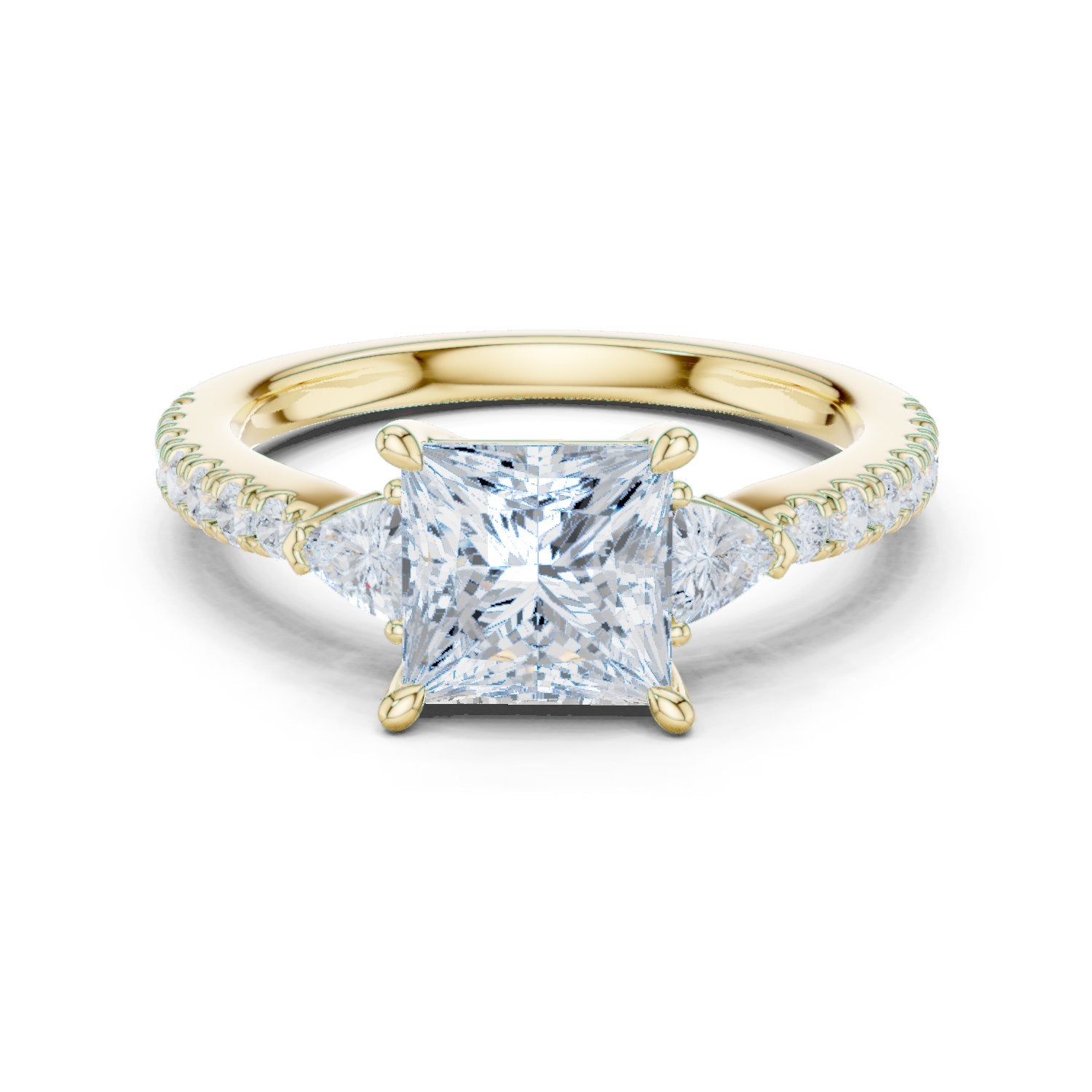 Princess Cut Engagement Ring with Trilliant Side Accents and Pavé Band