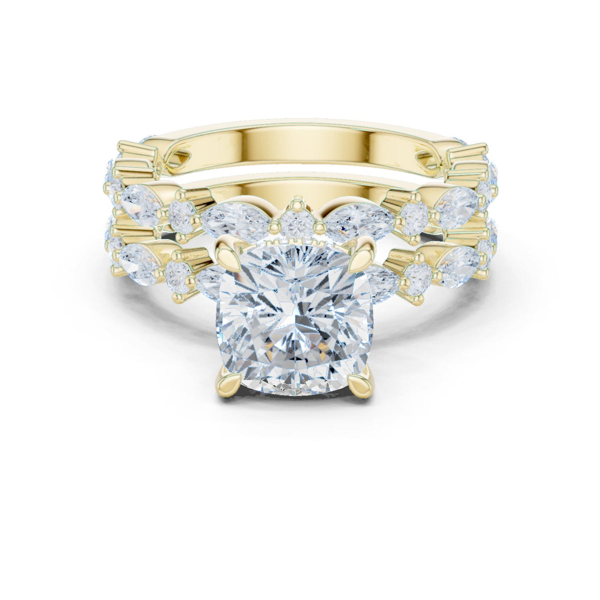 Cushion Cut Engagement Ring with Marquise Vine Cluster Band