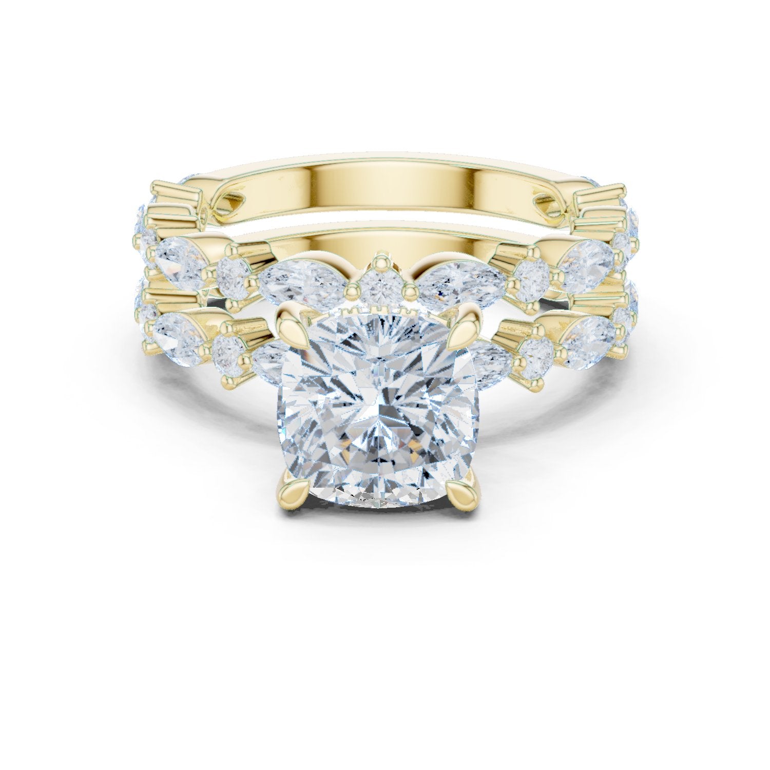 Cushion Cut Engagement Ring with Marquise Vine Cluster Band