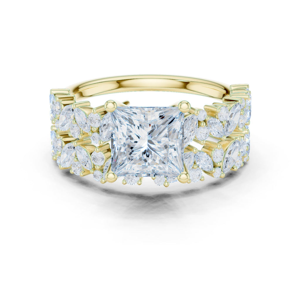 Princess Cut Engagement Ring with Marquise Vine Cluster Band