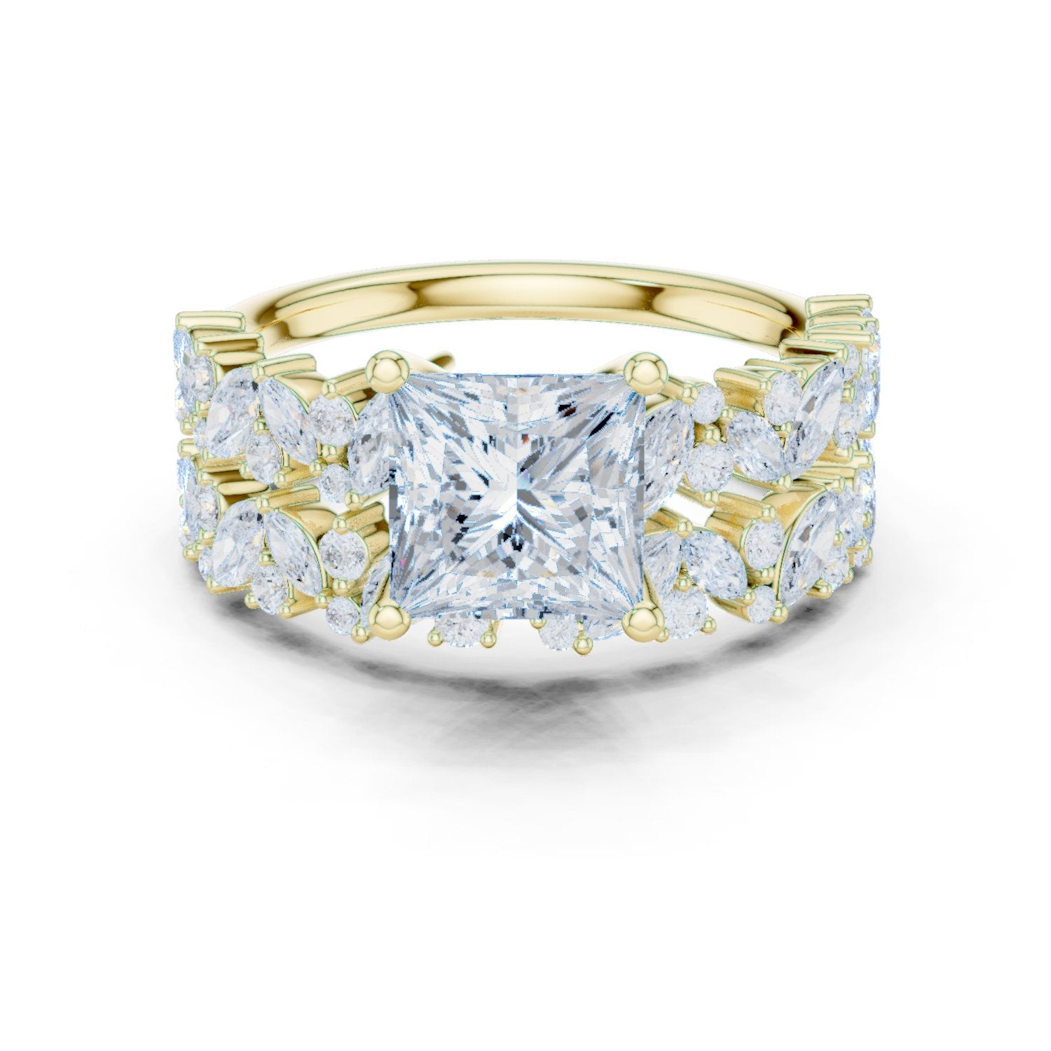 Princess Cut Engagement Ring with Marquise Vine Cluster Band