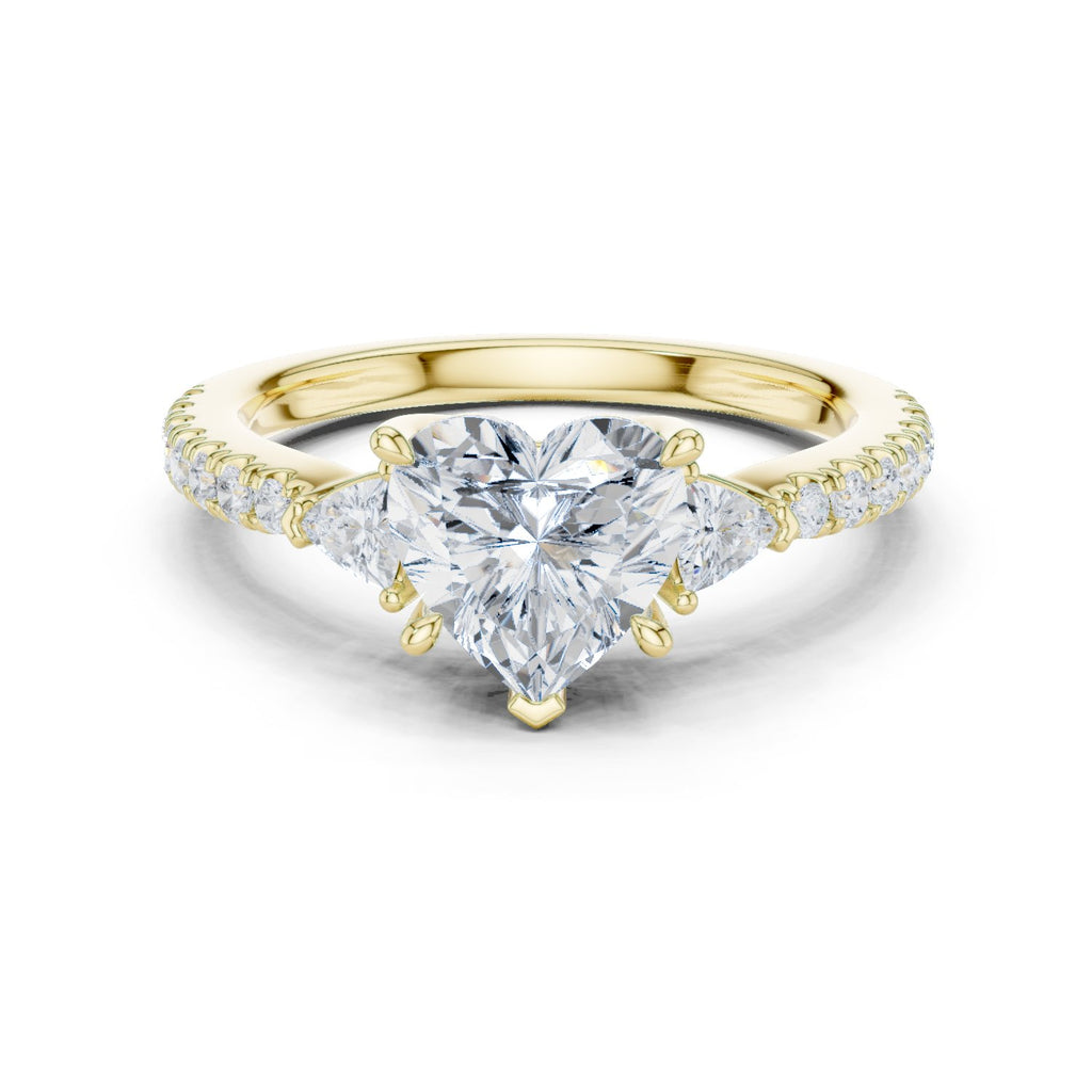 Heart Cut Three Stone Engagement Ring with Trilliant Sides and Pavé Band