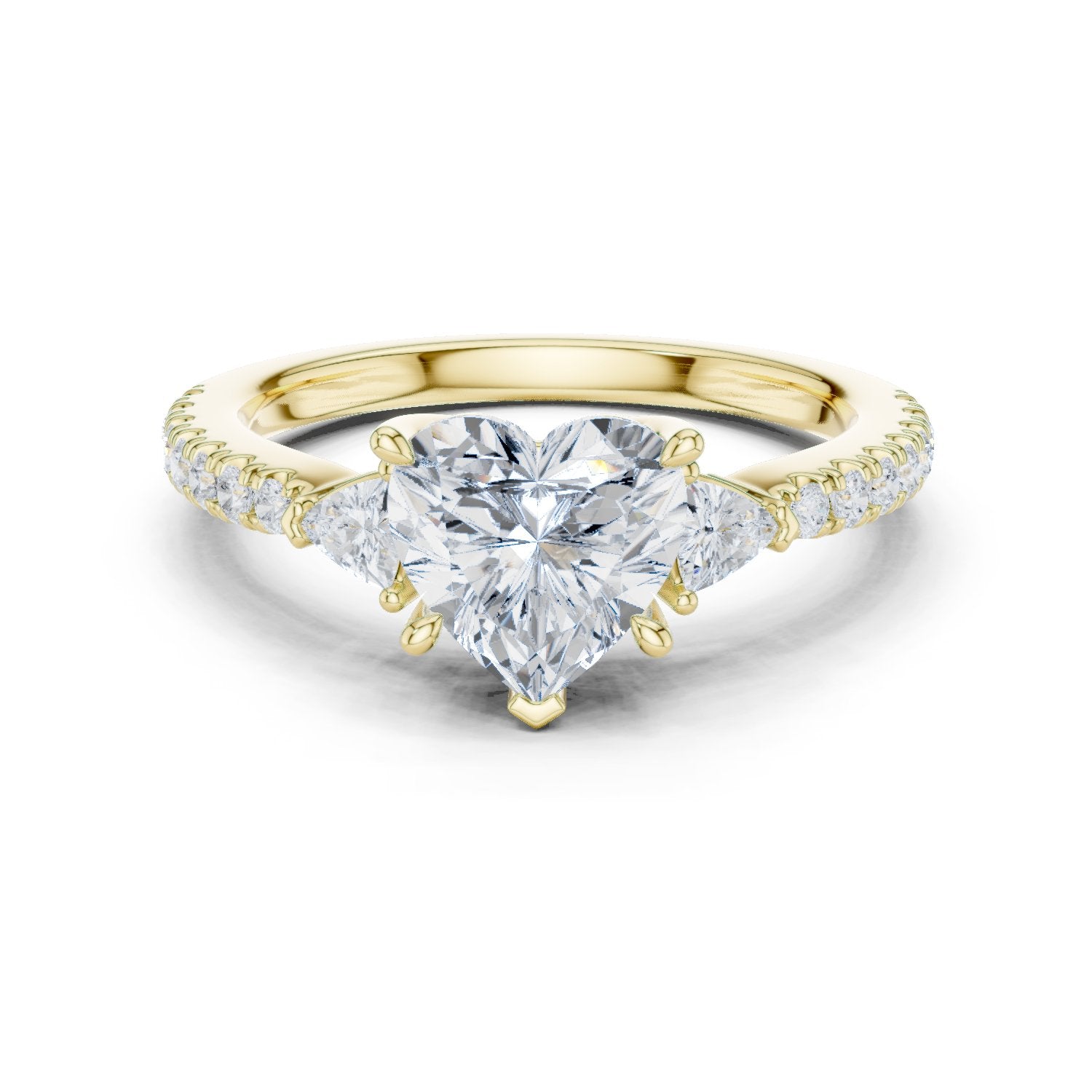 Heart Cut Three Stone Engagement Ring with Trilliant Sides and Pavé Band