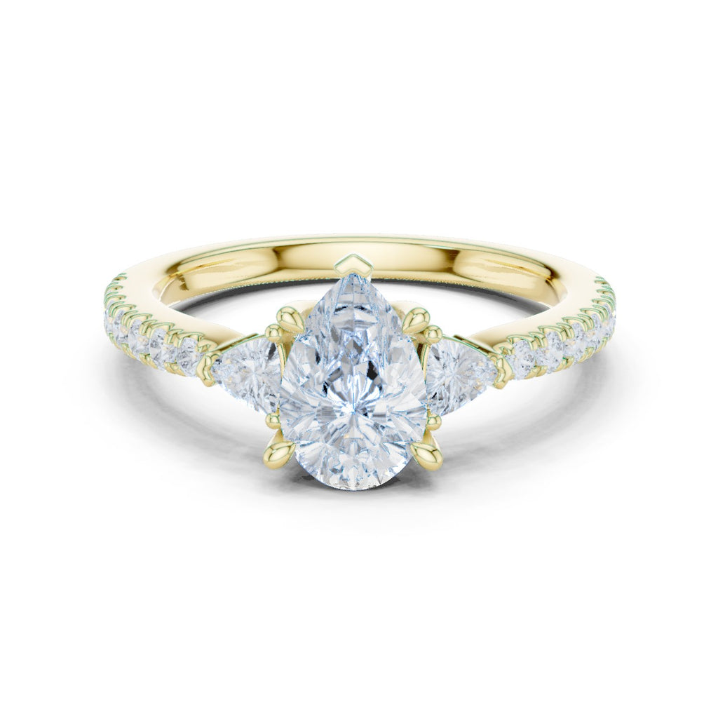 Pear Diamond Three Stone Engagement Ring with Trilliant Sides and Pavé Band