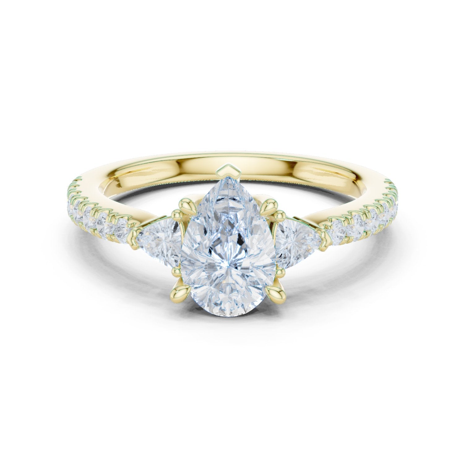 Pear Diamond Three Stone Engagement Ring with Trilliant Sides and Pavé Band