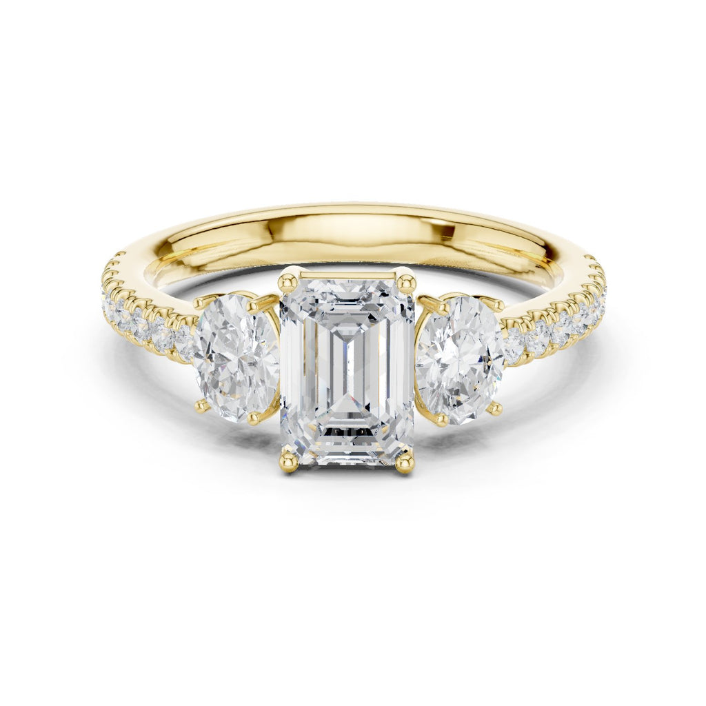 Emerald Cut Three Stone Engagement Ring with Oval Sides and Pavé Band