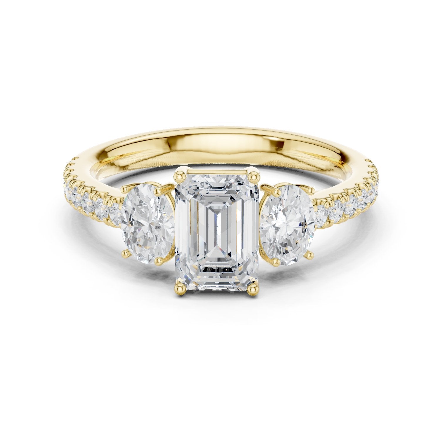 Emerald Cut Three Stone Engagement Ring with Oval Sides and Pavé Band