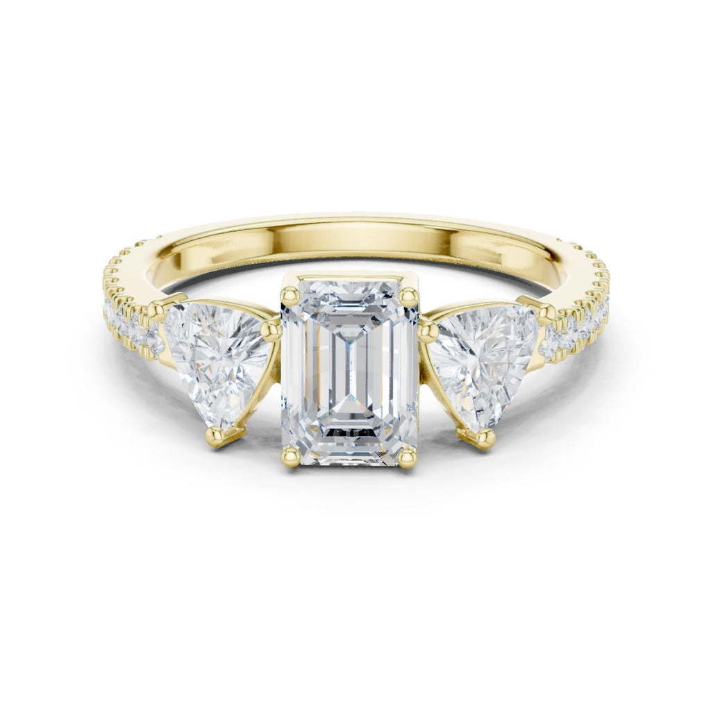 Emerald Cut Three Stone Engagement Ring with Trillion Sides and Pavé Band