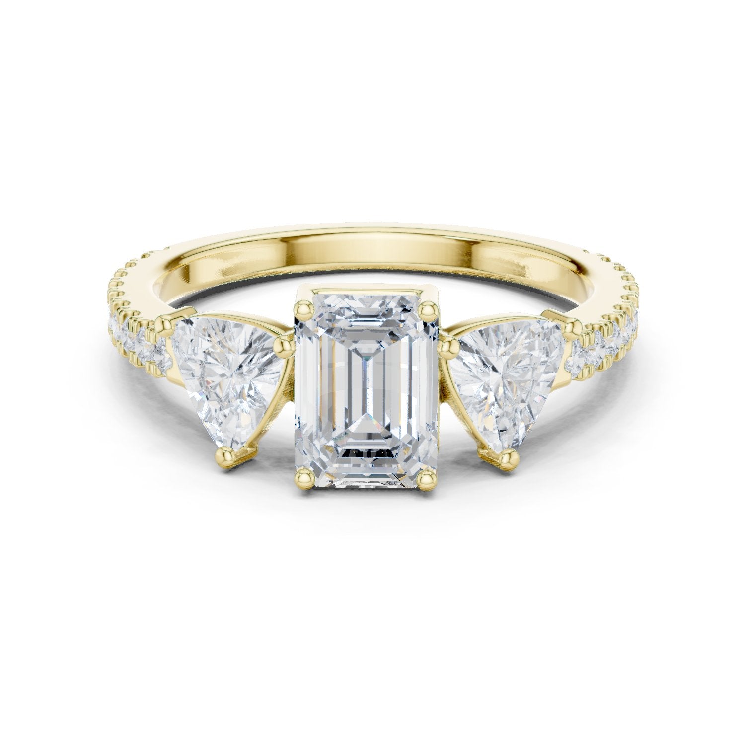 Emerald Cut Three Stone Engagement Ring with Trillion Sides and Pavé Band
