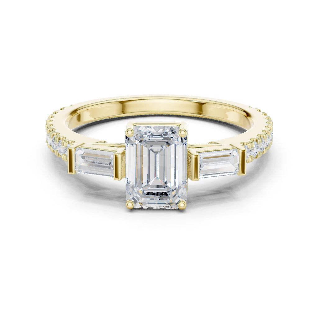 Emerald Cut Three Stone Engagement Ring with Baguette Sides and Pavé Band