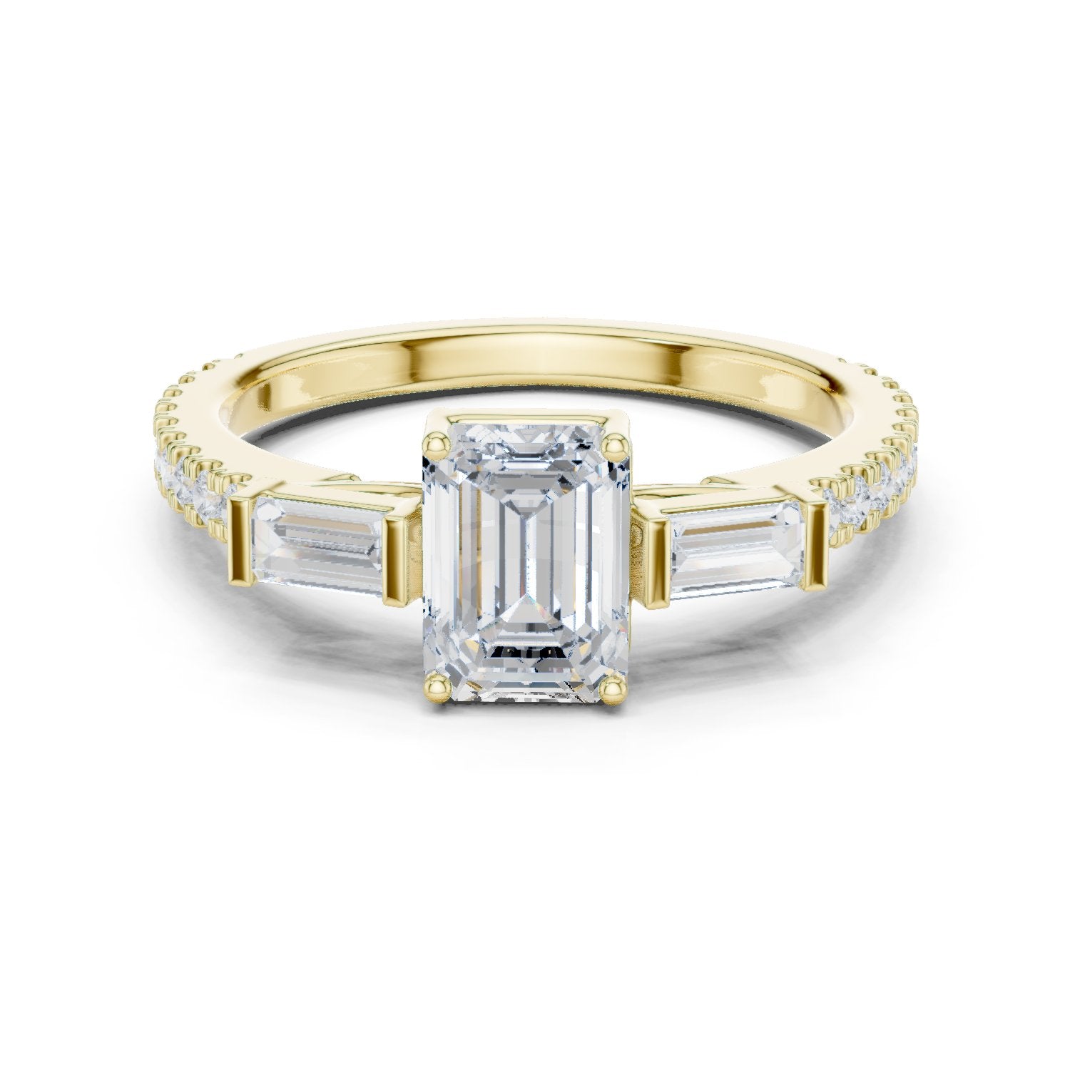 Emerald Cut Three Stone Engagement Ring with Baguette Sides and Pavé Band
