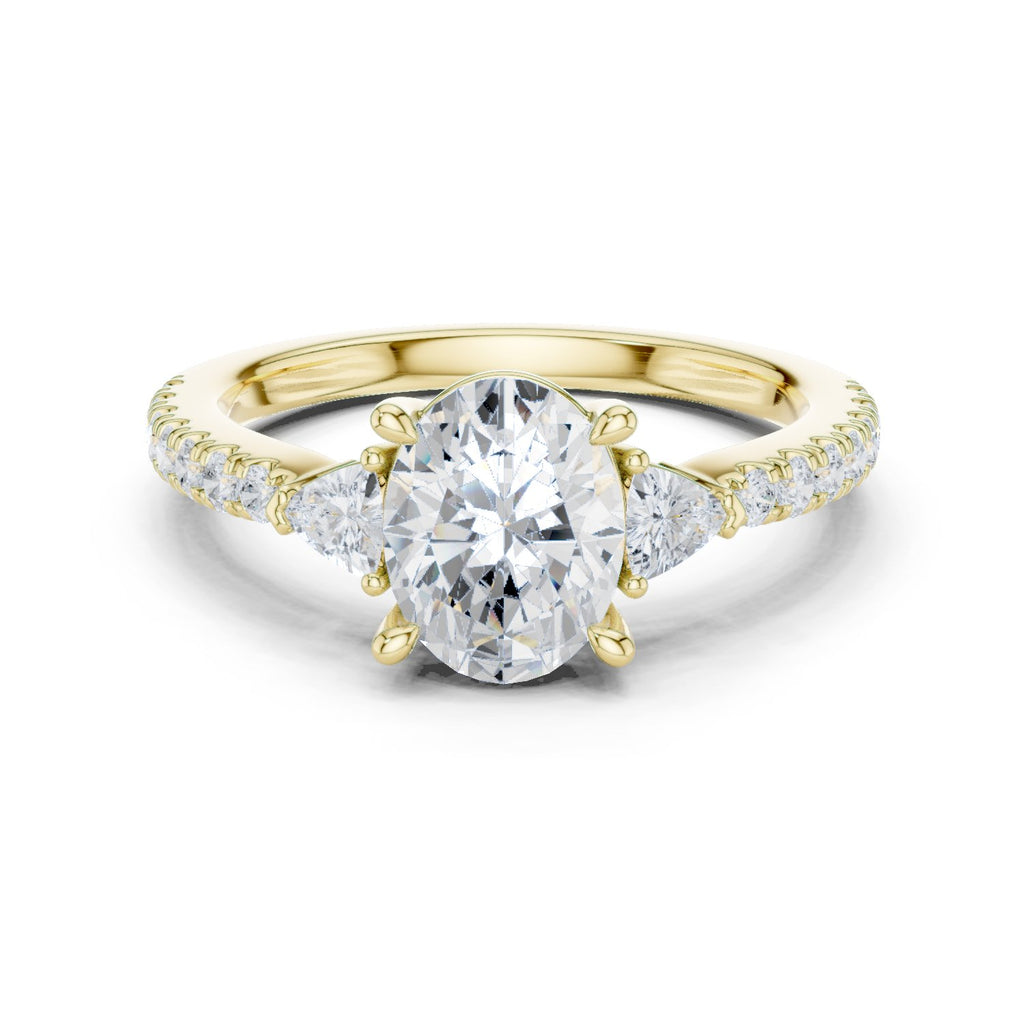 Oval Diamond Three Stone Engagement Ring with Trilliant Sides and Pavé Band