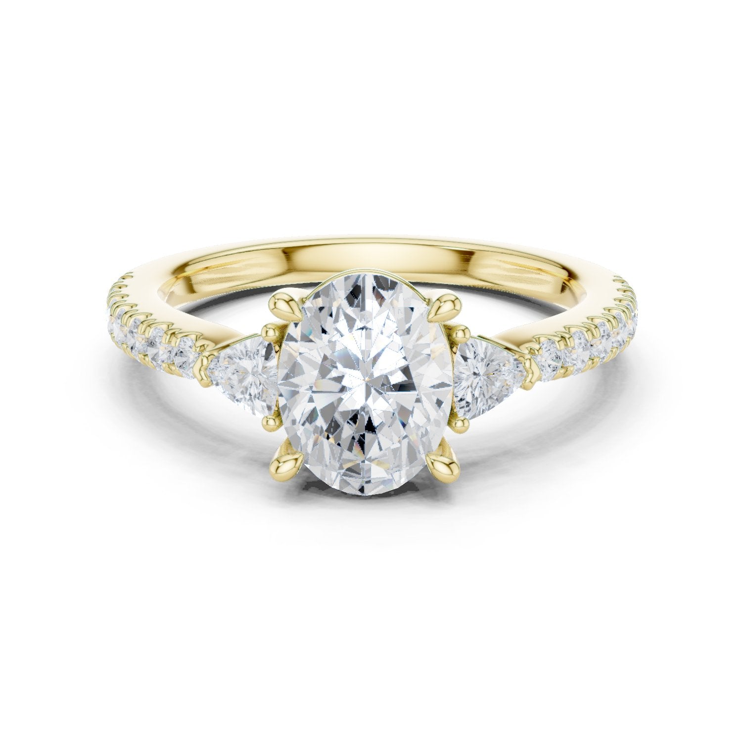 Oval Diamond Three Stone Engagement Ring with Trilliant Sides and Pavé Band