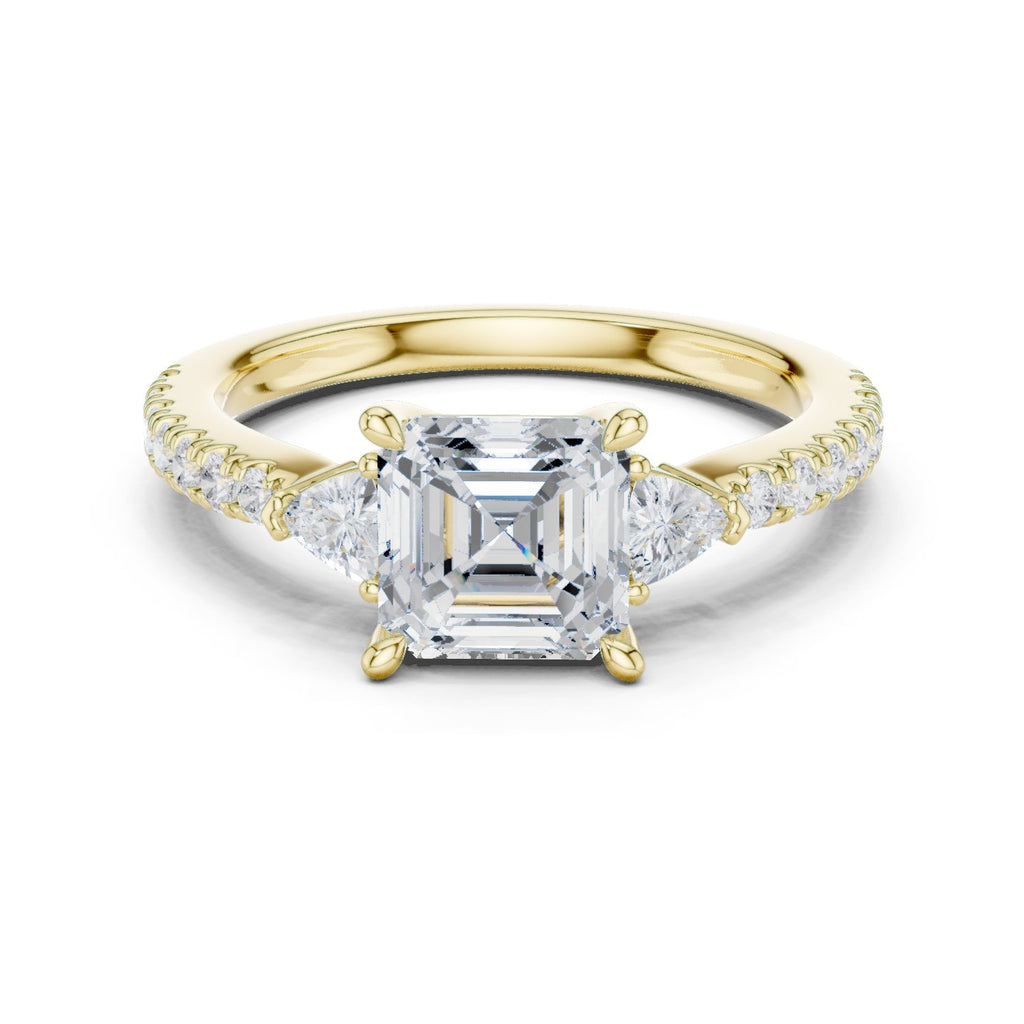 Asscher Cut Three Stone Engagement Ring with Trilliant Sides and Pavé Band