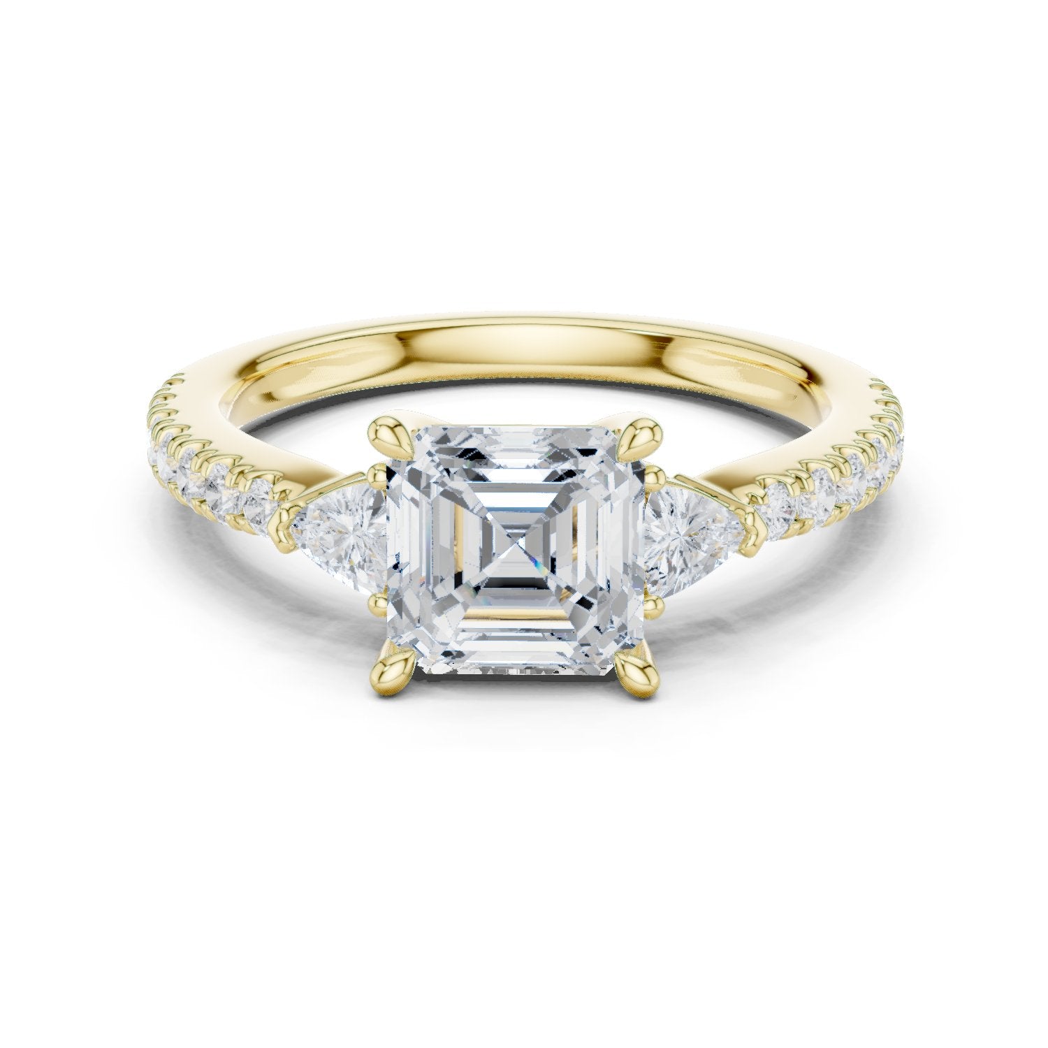 Asscher Cut Three Stone Engagement Ring with Trilliant Sides and Pavé Band