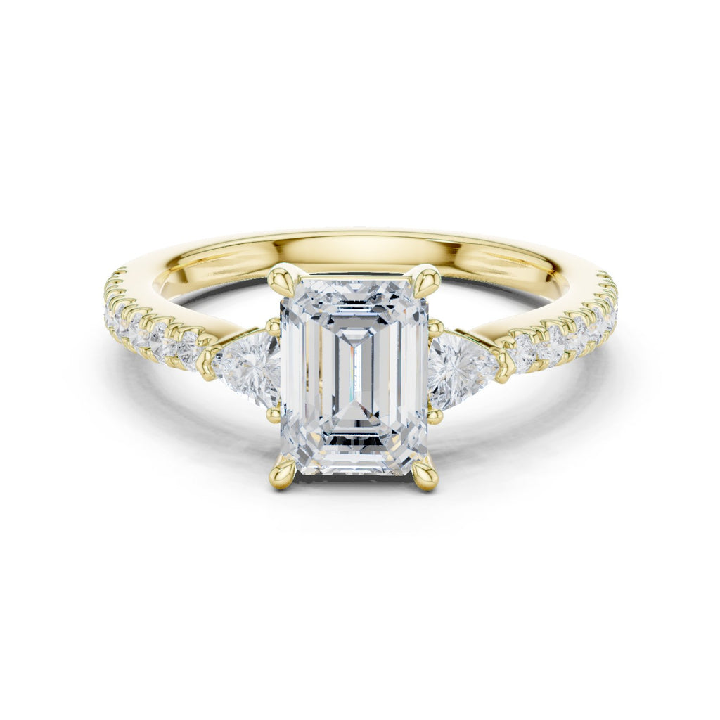 Emerald Cut Three Stone Engagement Ring with Trilliant Sides and Pavé Band