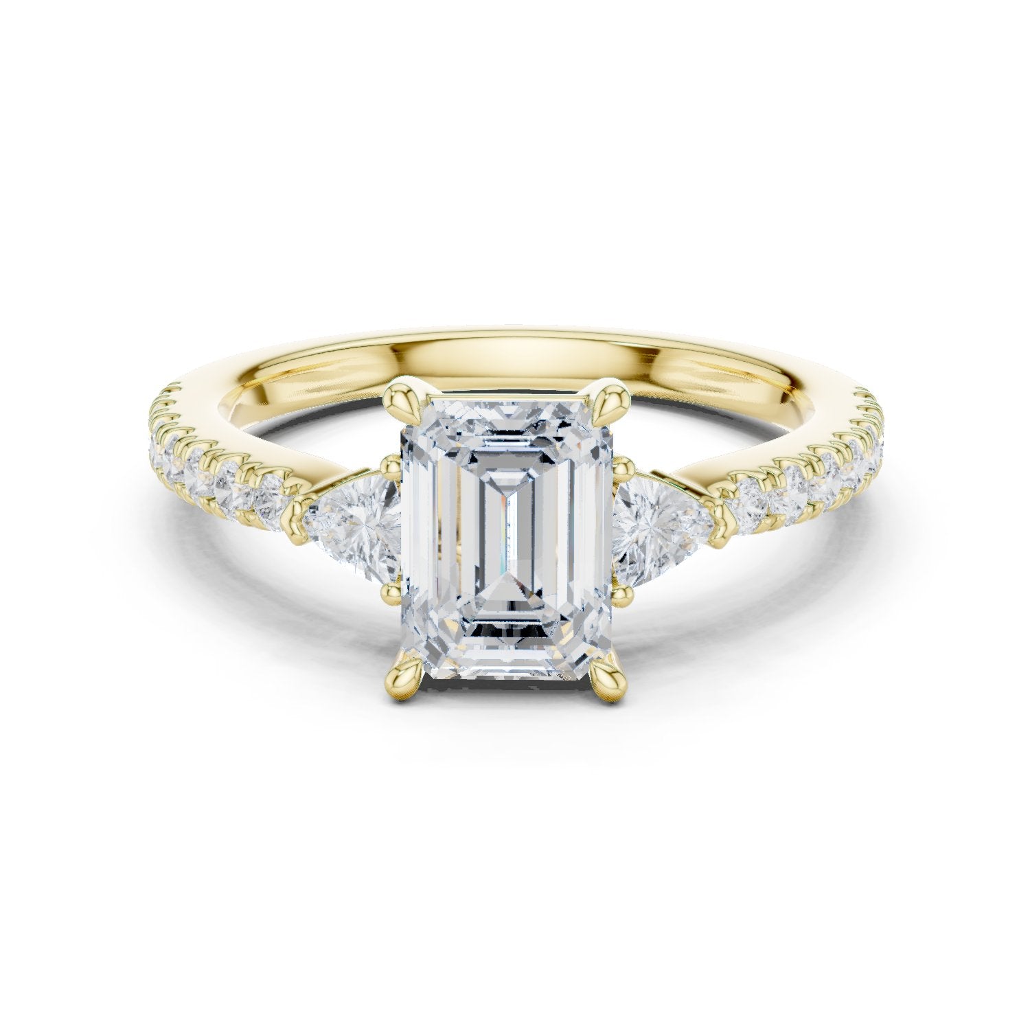 Emerald Cut Three Stone Engagement Ring with Trilliant Sides and Pavé Band