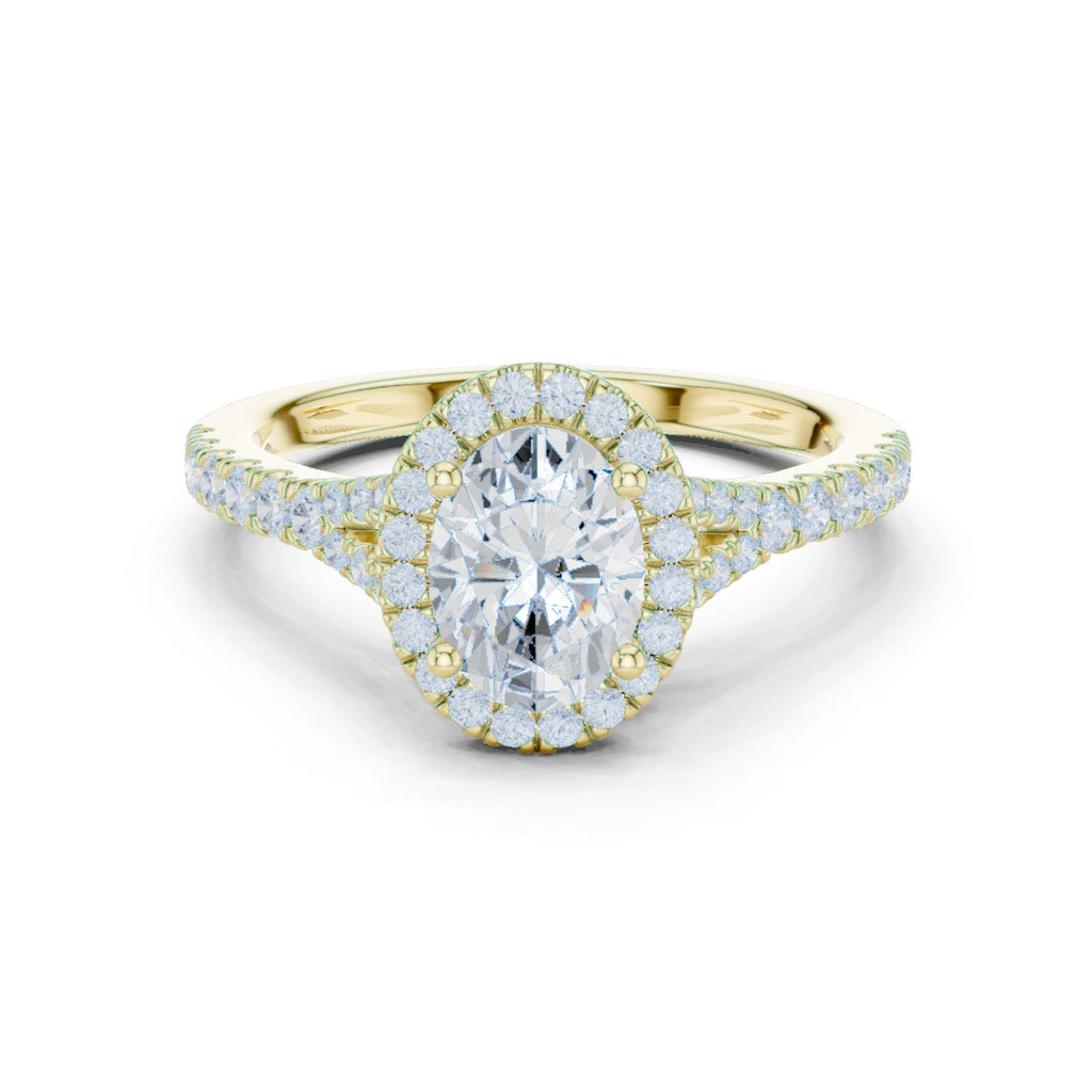 Oval Diamond Halo Engagement Ring with Double Band Split Shank Pavé