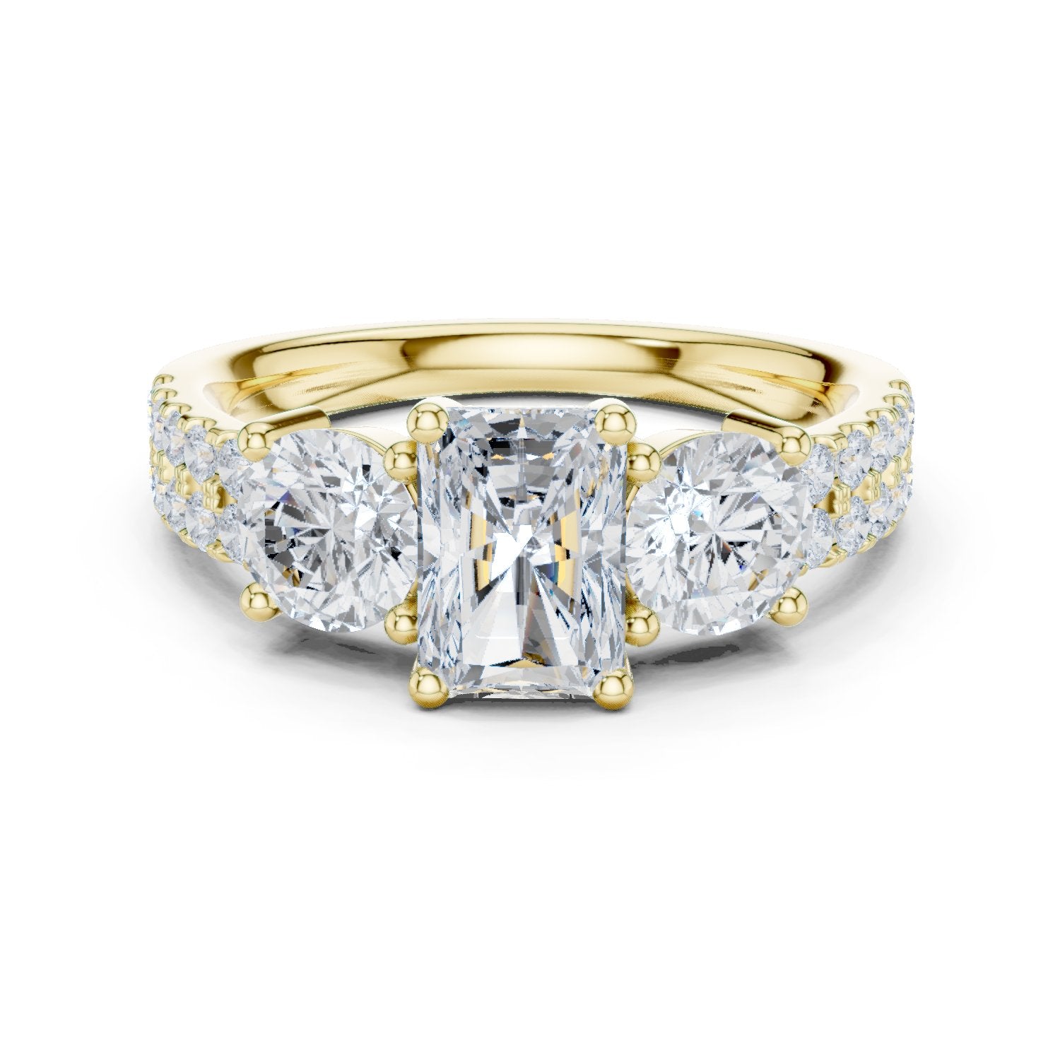 Radiant Cut Engagement Ring with Round Side Accents and Pavé Band