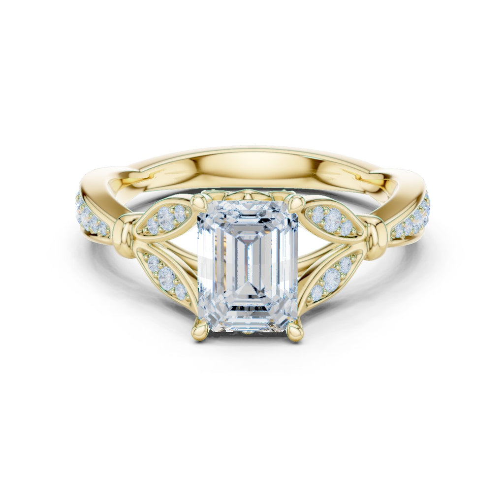 Emerald Cut Engagement Ring with Leaf Side Accents and Pavé Band