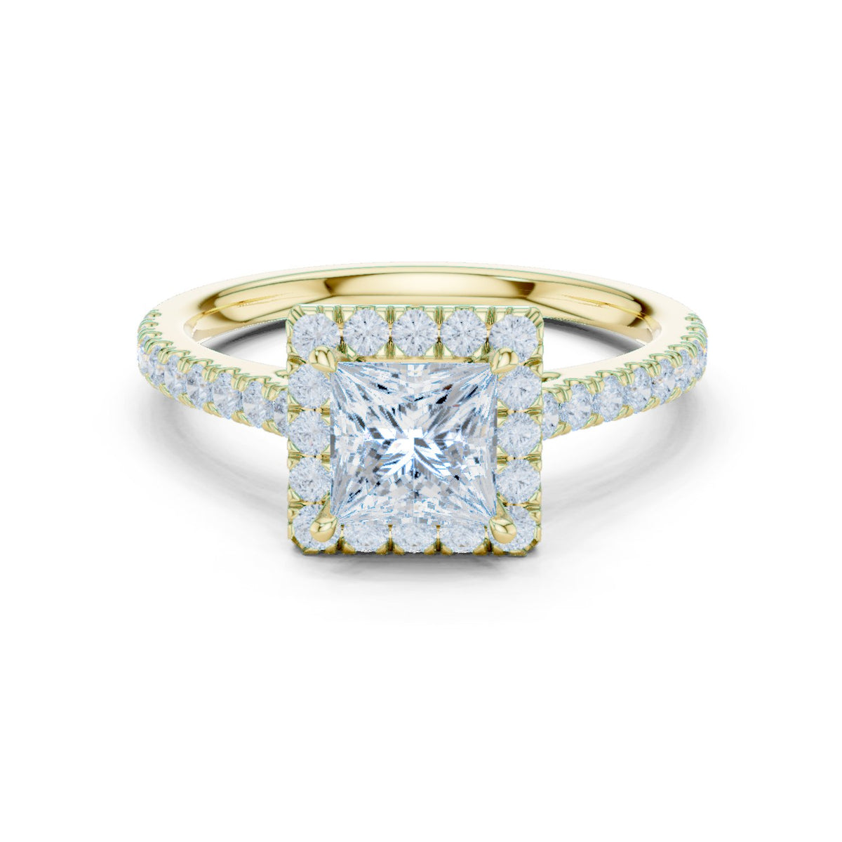 Princess Cut Halo Engagement Ring with Pavé Band