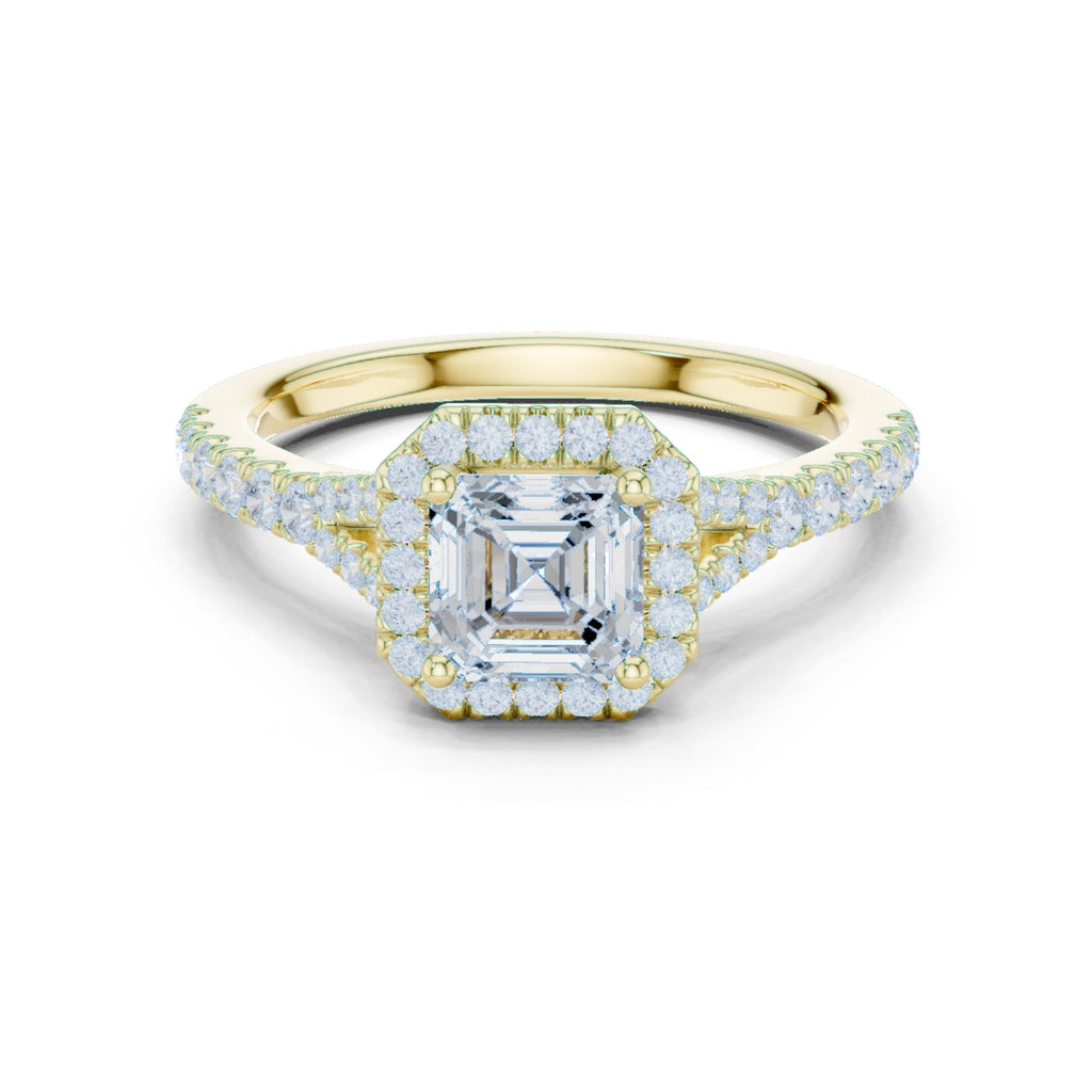 Asscher Cut Halo Engagement Ring with Split Shank Pavé Band