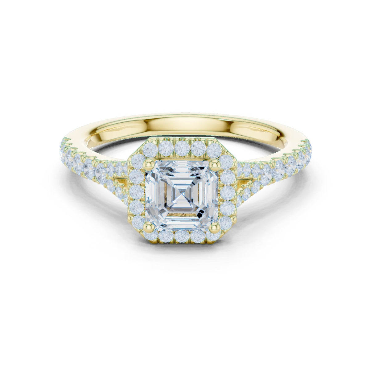 Asscher Cut Halo Engagement Ring with Split Shank Pavé Band