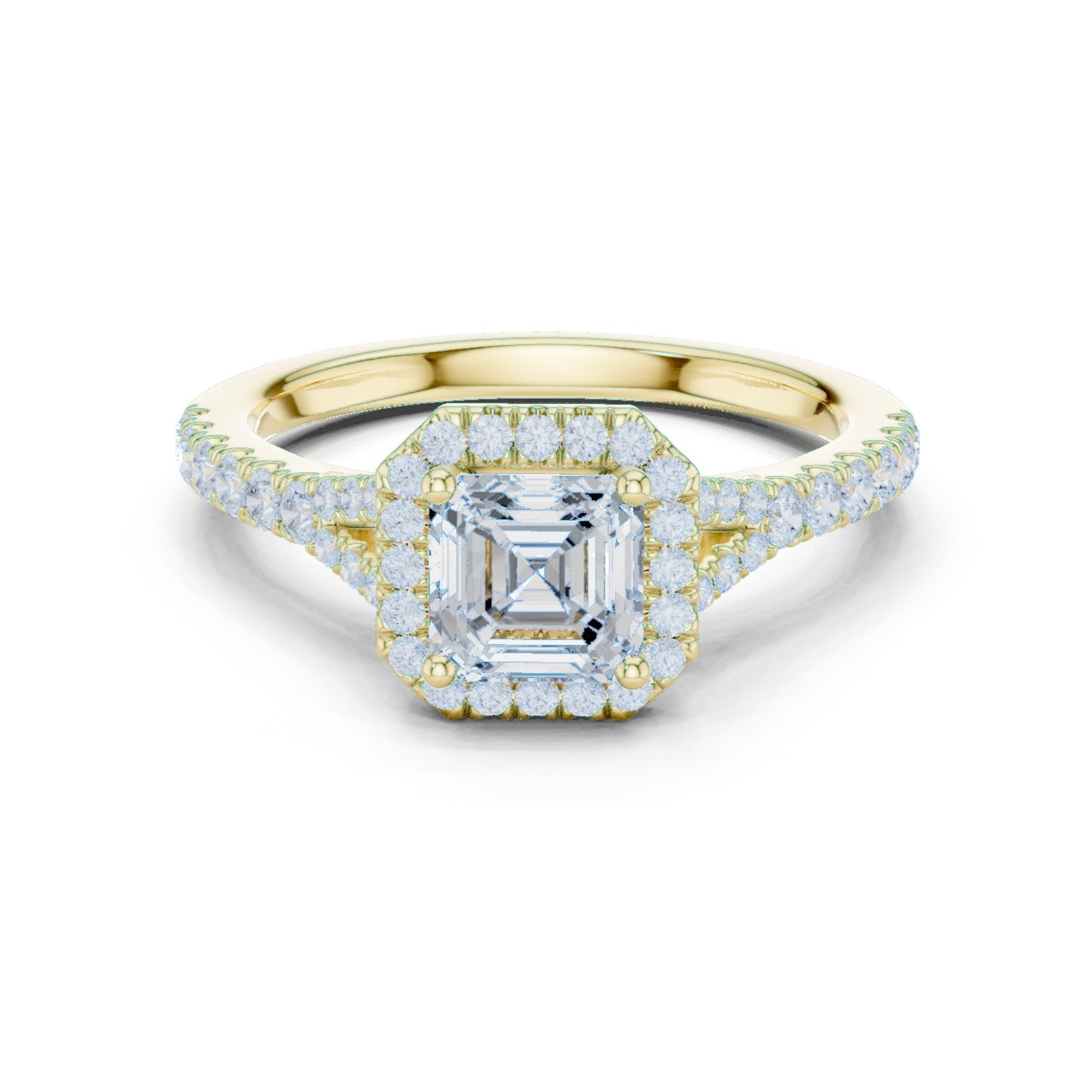 Asscher Cut Halo Engagement Ring with Split Shank Pavé Band