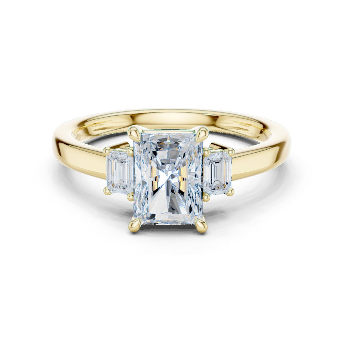 Radiant Cut Three Stone Engagement Ring with Emerald Sides