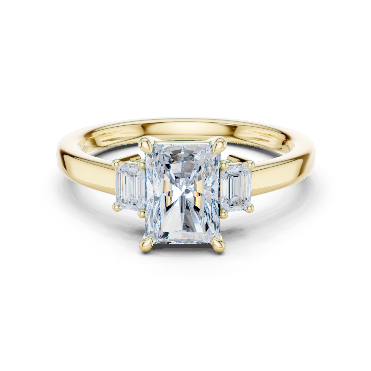 Radiant Cut Three Stone Engagement Ring with Emerald Sides
