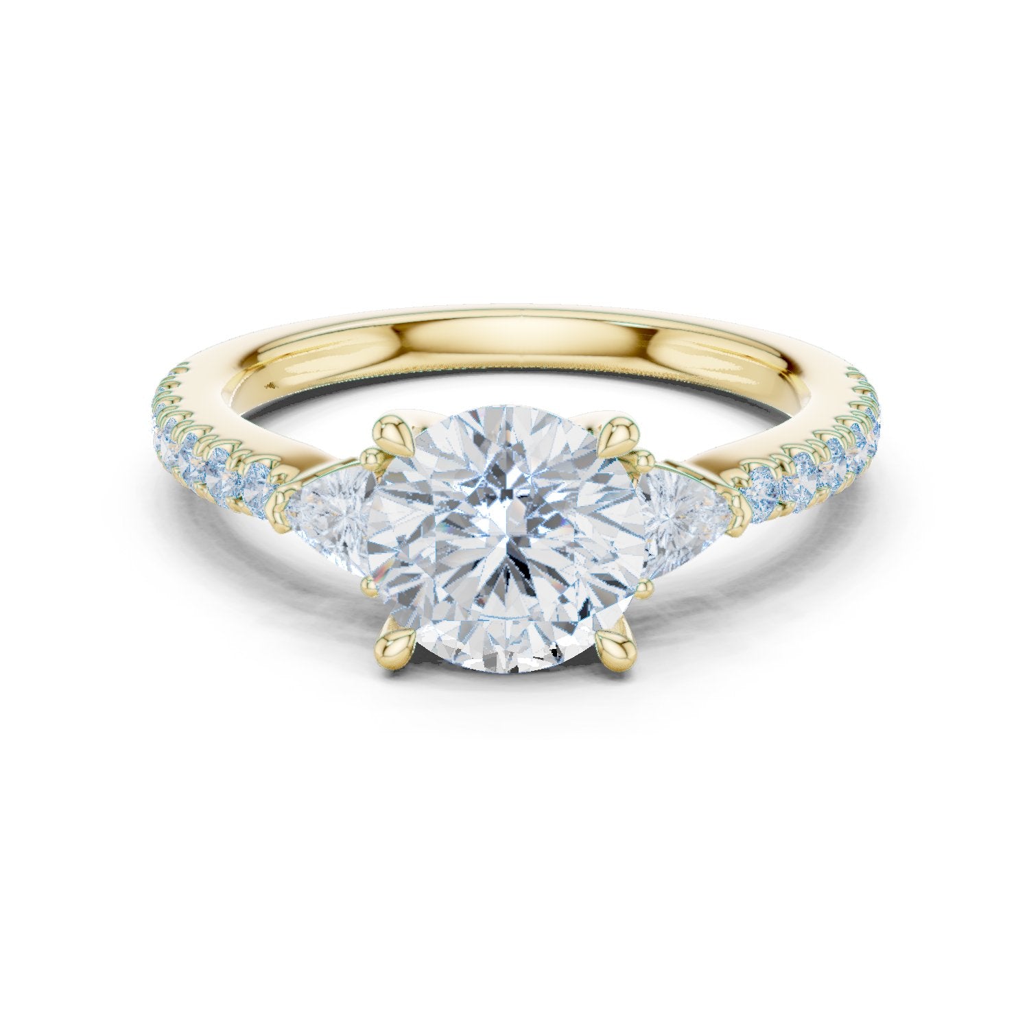 Round Diamond Three Stone Engagement Ring with Trilliant Sides and Pavé Band