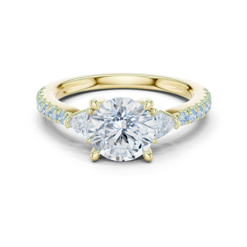 Round Diamond Three Stone Engagement Ring with Trilliant Sides and Pavé Band