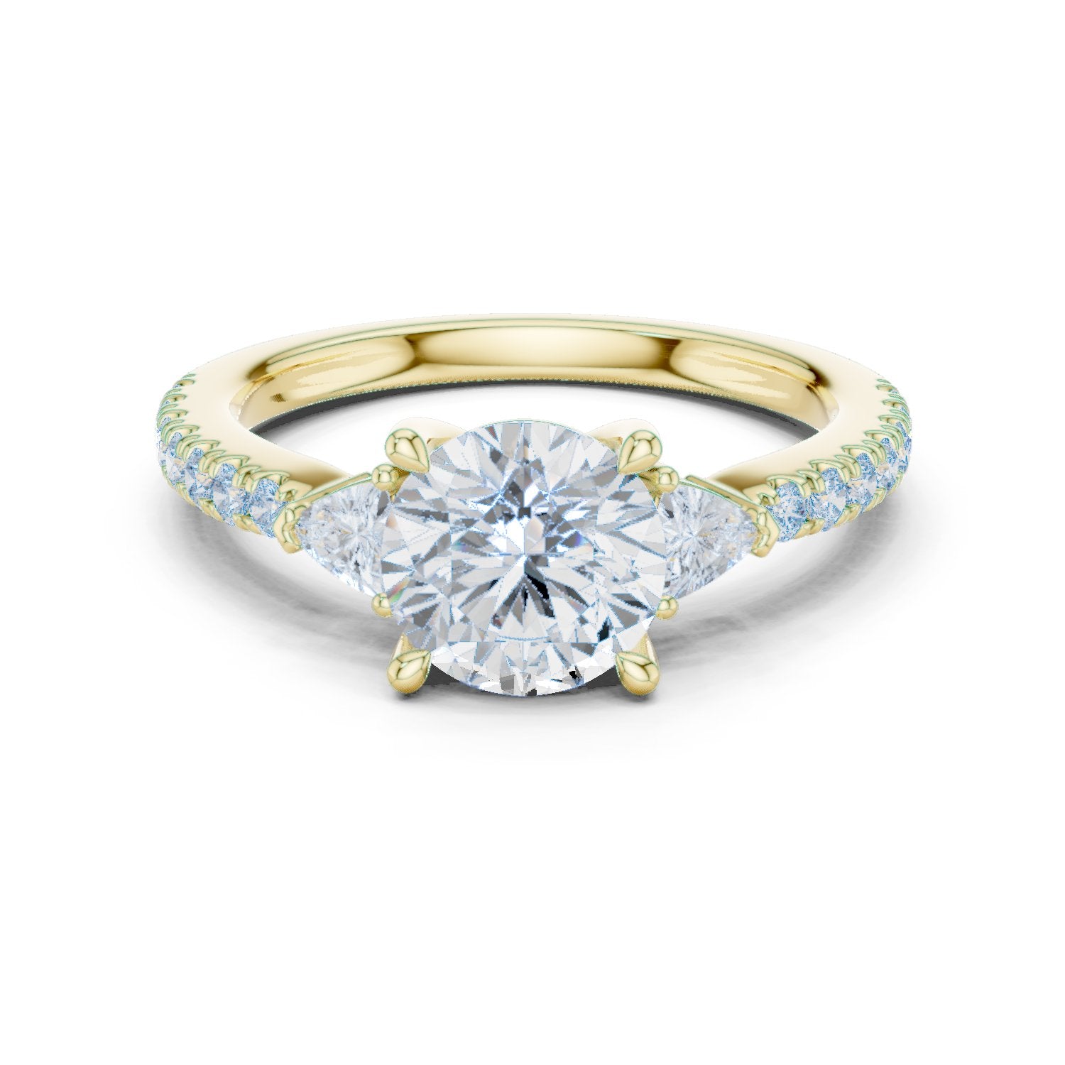 Round Diamond Three Stone Engagement Ring with Trilliant Sides and Pavé Band