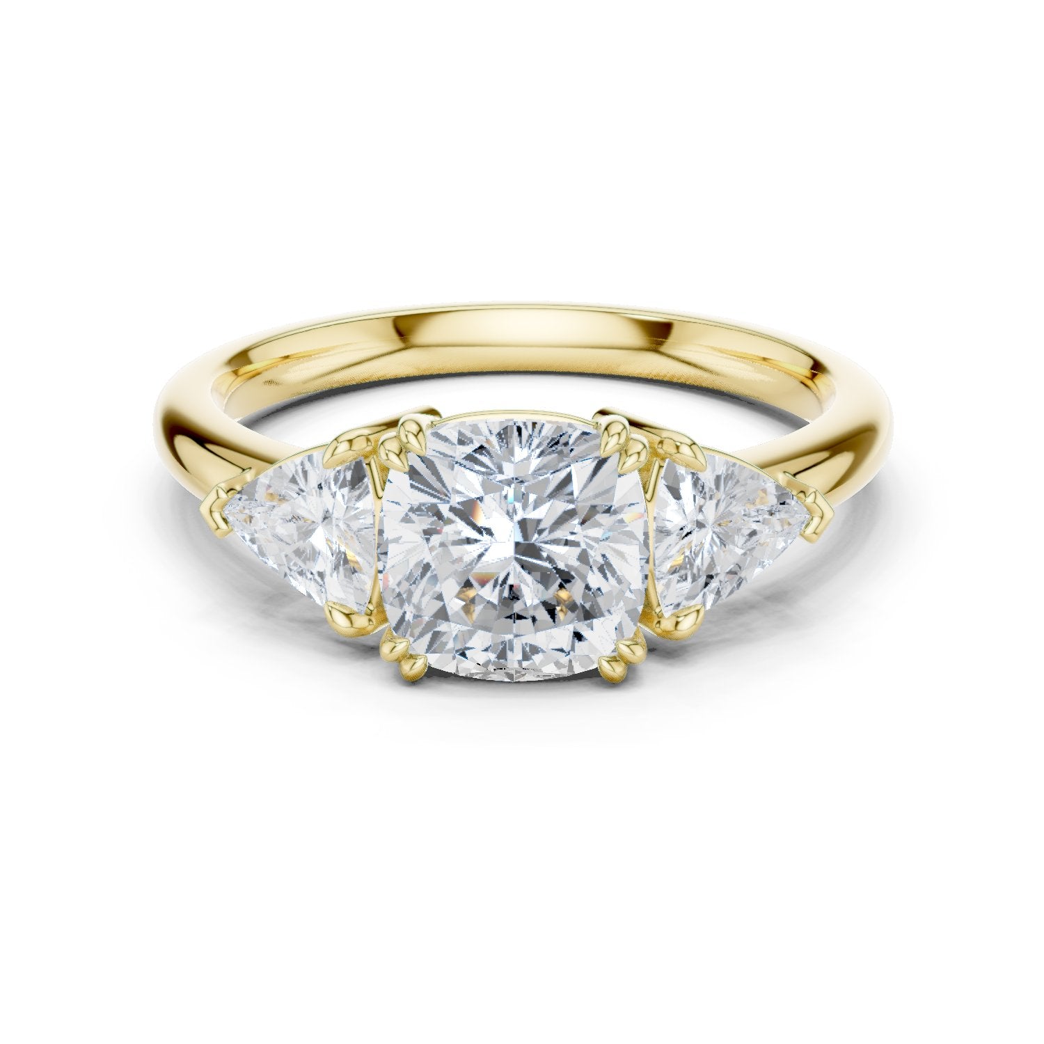 Cushion Cut Three Stone Engagement Ring with Trilliant Sides