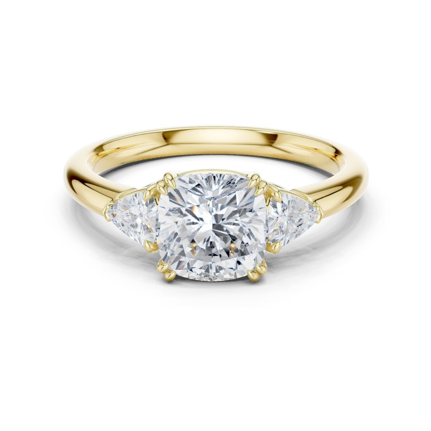 Cushion Cut Three Stone Engagement Ring with Trilliant Sides