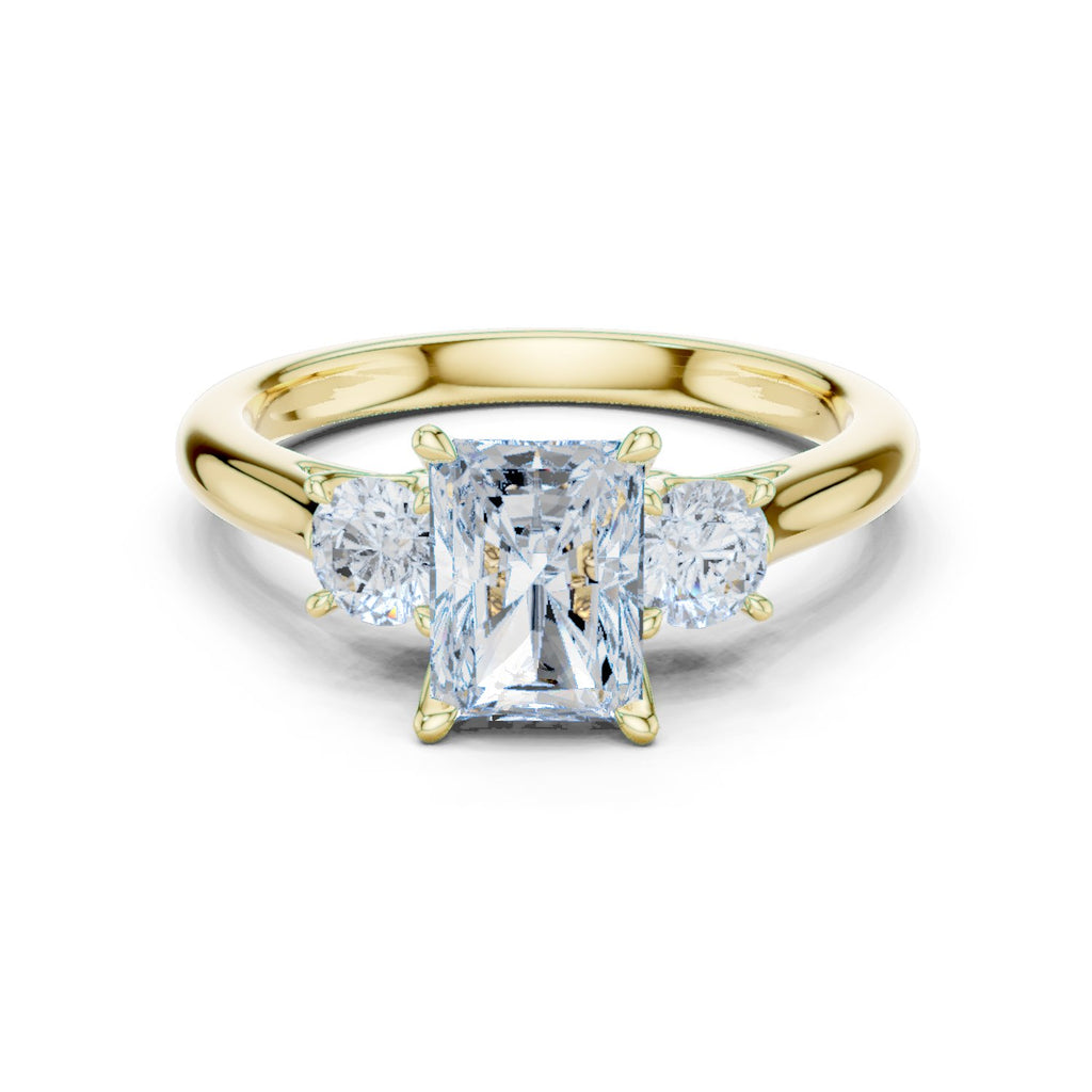 Radiant Cut Three Stone Engagement Ring with Round Sides