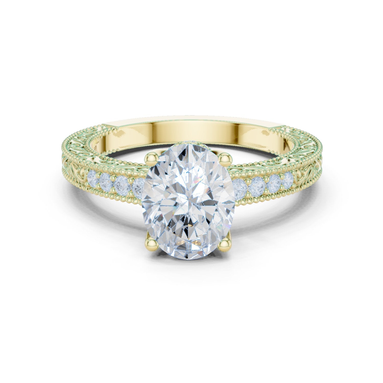 Oval Diamond Engagement Ring with Vintage Milgrain Pavé Band