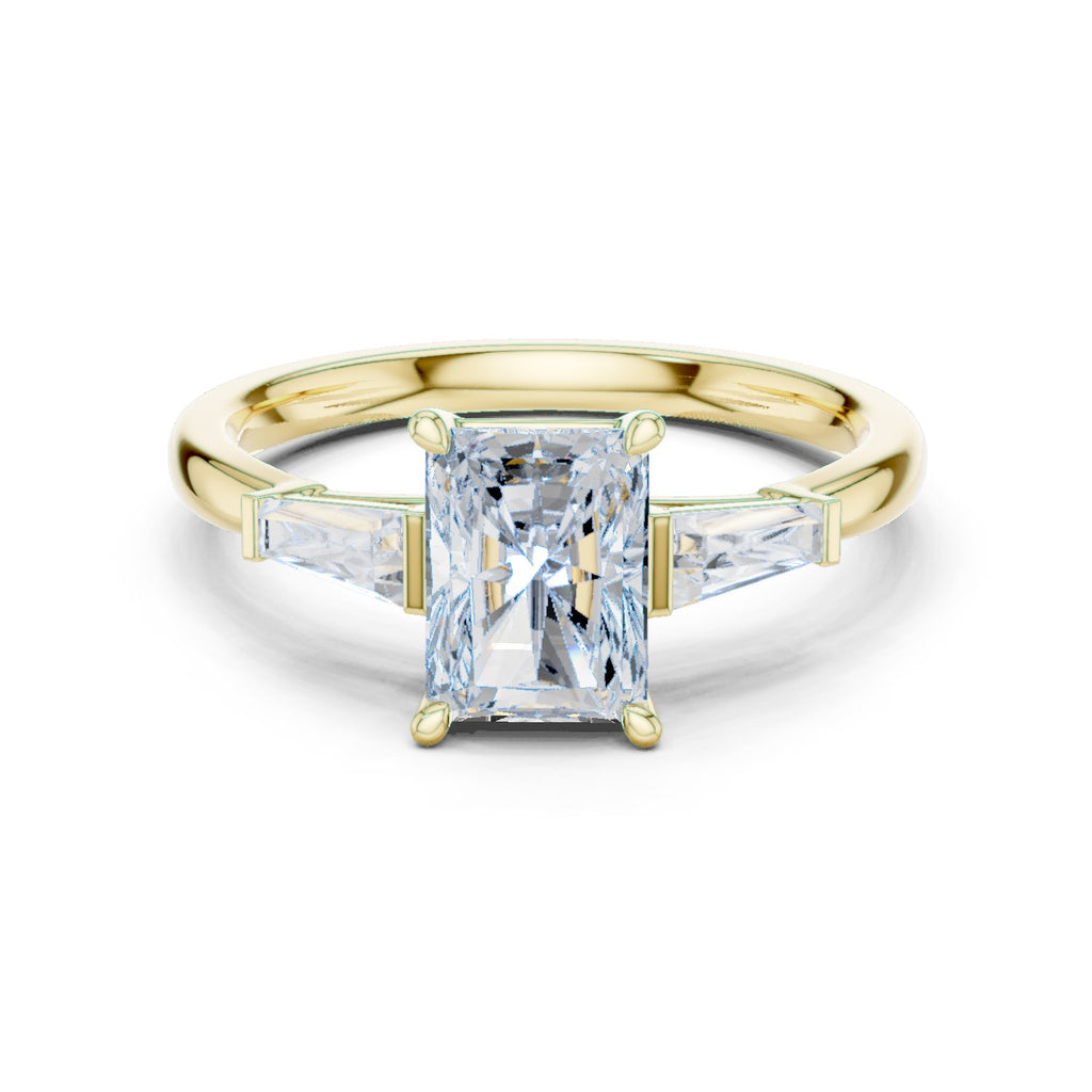 Radiant Cut Three Stone Engagement Ring with Tapered Baguette Sides