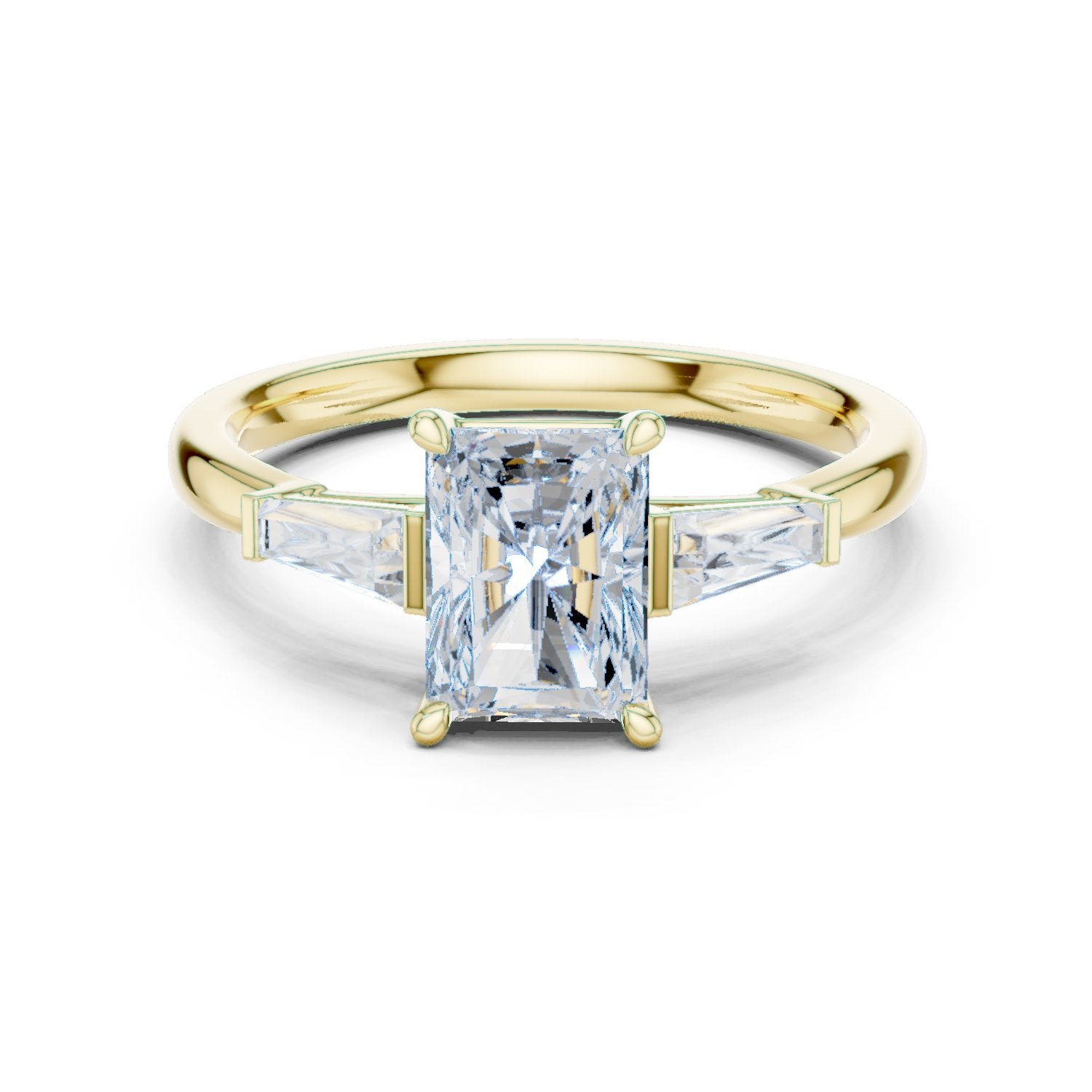 Radiant Cut Three Stone Engagement Ring with Tapered Baguette Sides