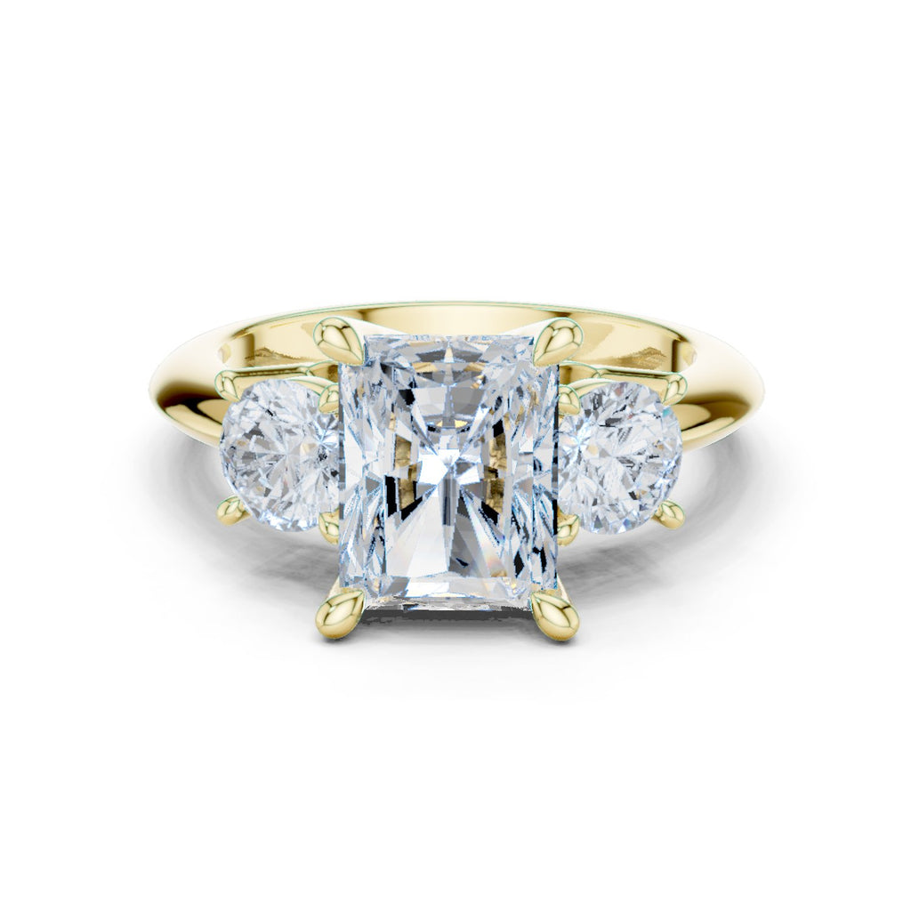 Radiant Cut Three Stone Engagement Ring with Round Sides