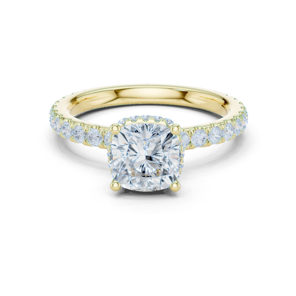 Cushion Cut Hidden Halo Engagement Ring with Cushion Halo and Pavé Band