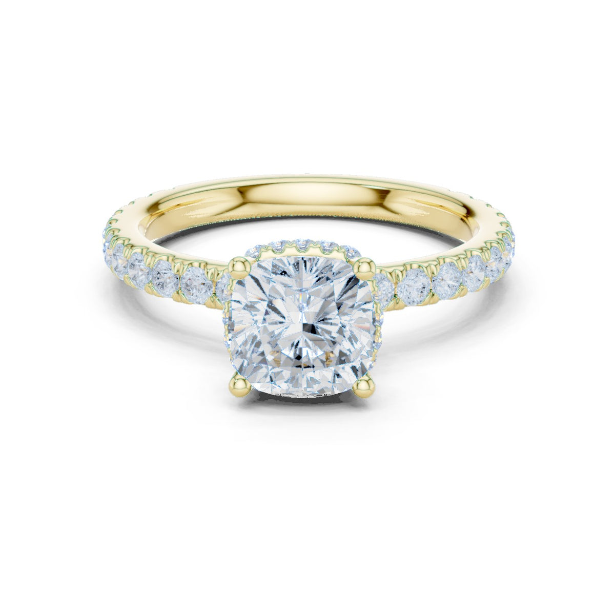 Cushion Cut Hidden Halo Engagement Ring with Cushion Halo and Pavé Band