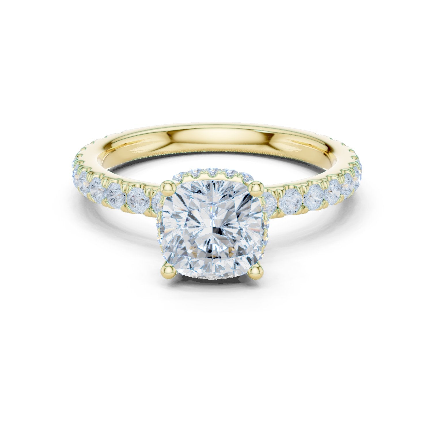Cushion Cut Hidden Halo Engagement Ring with Cushion Halo and Pavé Band