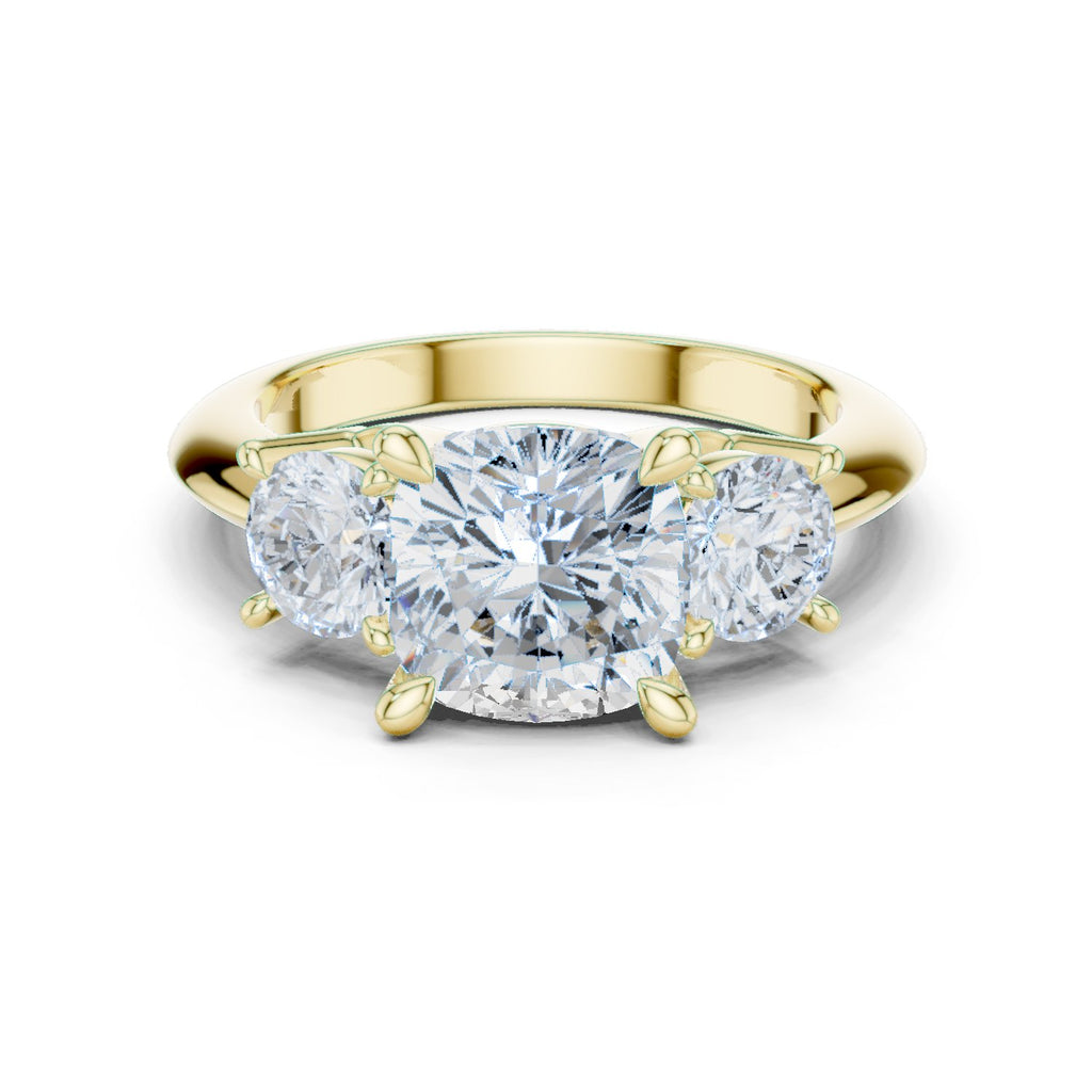 Cushion Cut Three Stone Engagement Ring with Round Sides