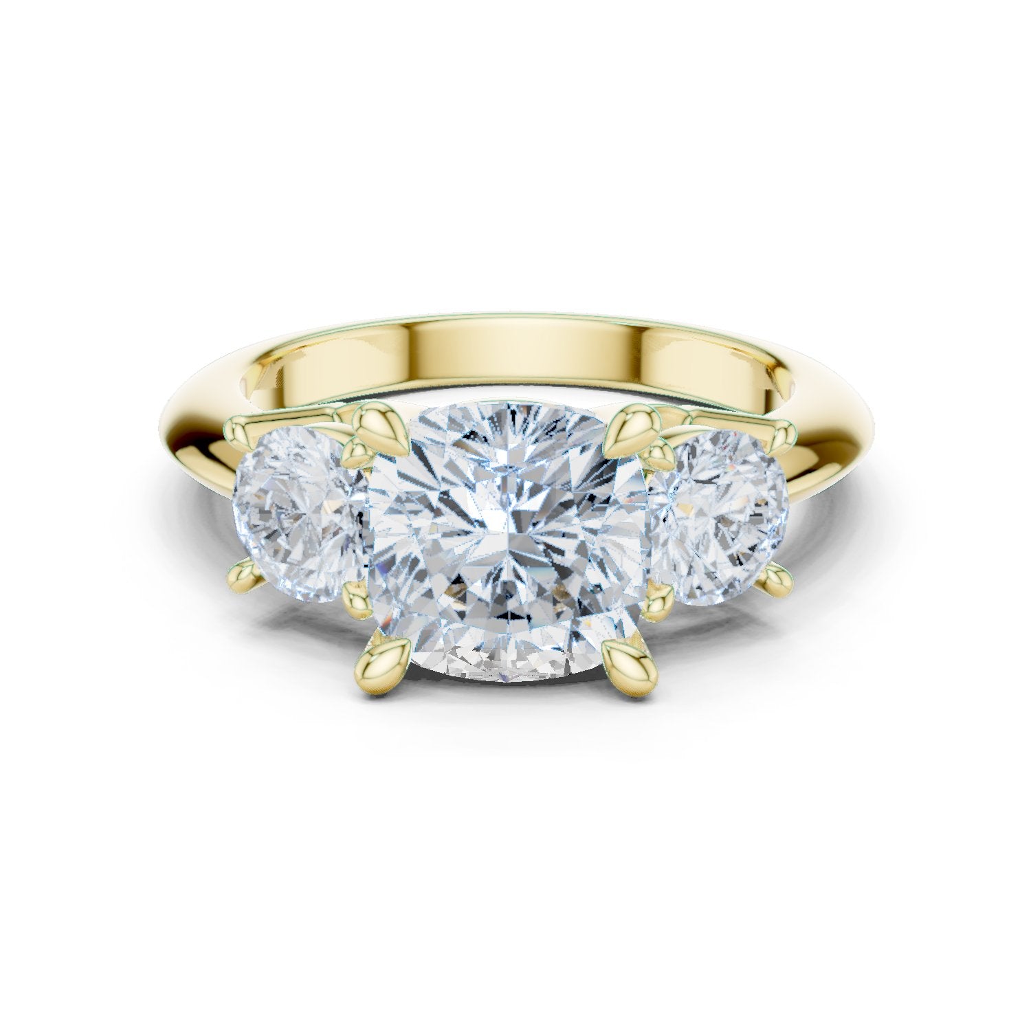 Cushion Cut Three Stone Engagement Ring with Round Sides
