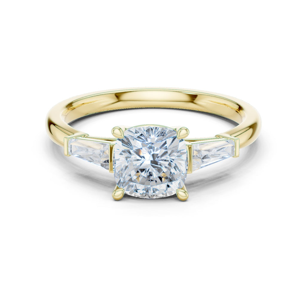 Cushion Cut Three Stone Engagement Ring with Tapered Baguette Sides