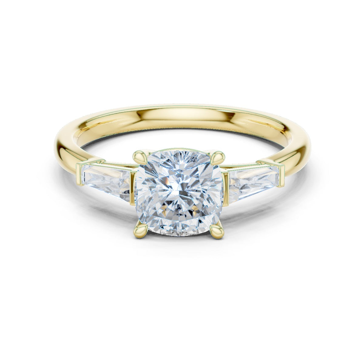 Cushion Cut Three Stone Engagement Ring with Tapered Baguette Sides